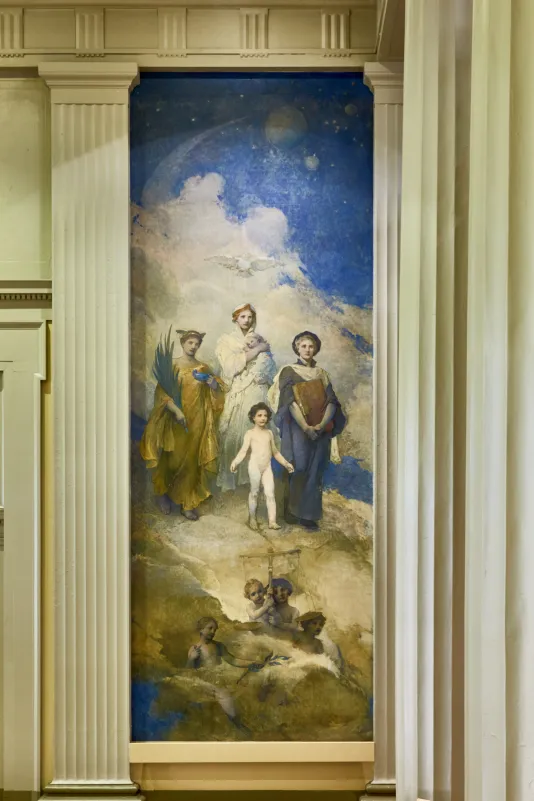 Vertical, large-scale mural hung in a conference room. 