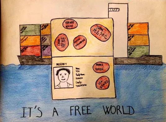 Drawing of a passport with a blue background on the bottom and the title "It's a free world" in all capital letters.