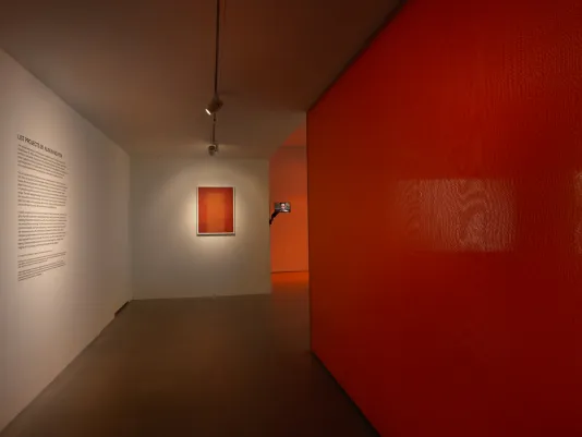 white walls with introductory text are visible at left. At center is  an orange screen print with yellow text and a video sculpture resembling a side view mirror and a right wall made of orange-red moiré fabric.