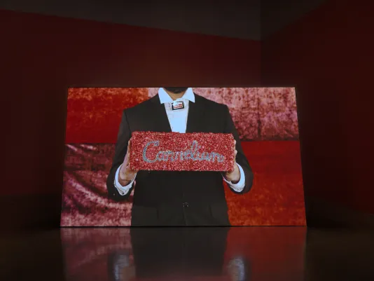 On a horizontal screen, a suited figure holds a glittering red box that reads “Carnelian.”
