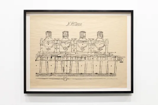 An ink drawing of Norbert Rilluex's multiple-effect evaporator pan is drawn on a slightly wrinkled newsprint. The drawing illustrates a frontal view of the multiple-effect evaporator pan and the ink line work is wobbly and inconsistent.