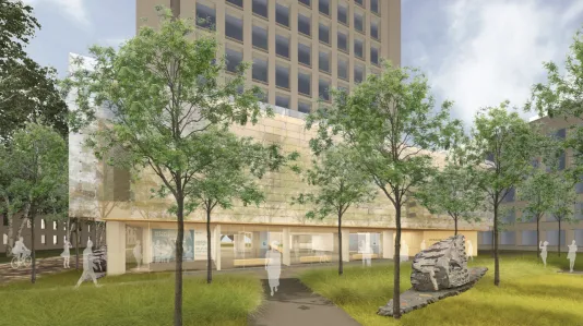 Architecture concept diagram of Cecil and Ida Green Building and Earth and Environmental Pavilion, featuring the artwork &quot;Everything Was Forever Until It Was No More&quot; by artist Julian Charrière.