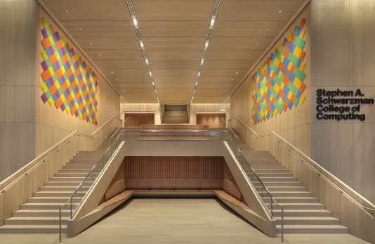 Image of Bring me the sunset in a cup by Spencer Finch installed at the MIT Stephen A. Schwarzman College of Computing.