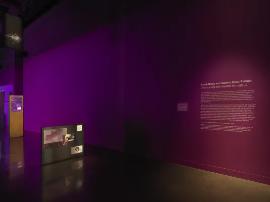 A purple wall extends across the image. On the left, two freestanding panels are collaged with images and text, including digitally rendered faces and saturated images of plants. On the right, introductory exhibition text is illuminated on the wall.