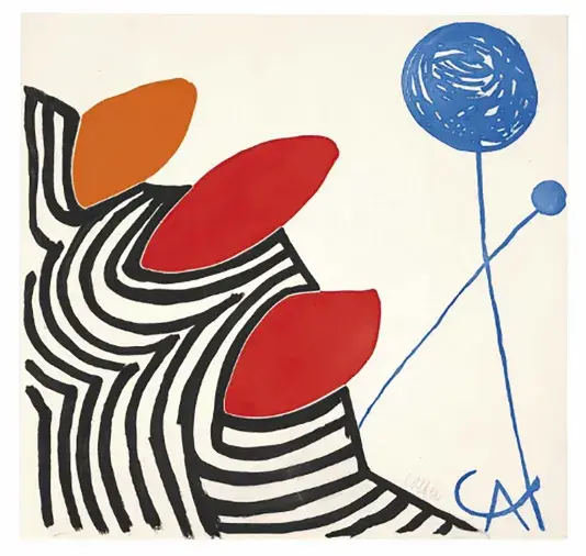 Abstract artwork with two red ovals and one orange oval emerging from black an area of white stripes at the bottom left corner. There are two blue floral shapes on the right side of the work.