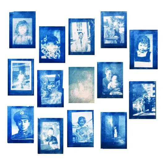 Collection of blue-tinted photographs organized in rows on a white background. Each image is overlayed with human hair.