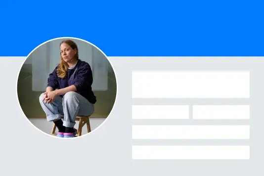 Visual graphic created to echo a Facebook page with a blue bar across the top, a gray background and the artist headshot image for Mary Stephenson in the shape of a circle on the left hand side.