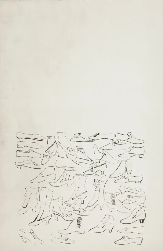 Black and white print on paper of a collection of line-drawn shoes that fill up the bottowm half of the image.