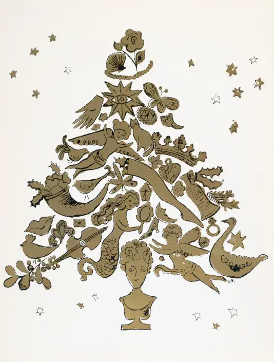 A collection of gold colored items, ncluding a mermaid, violin, cat, flower, seashell, with black outlines that create the shape of a christmas tree. There are little stars around the tree.