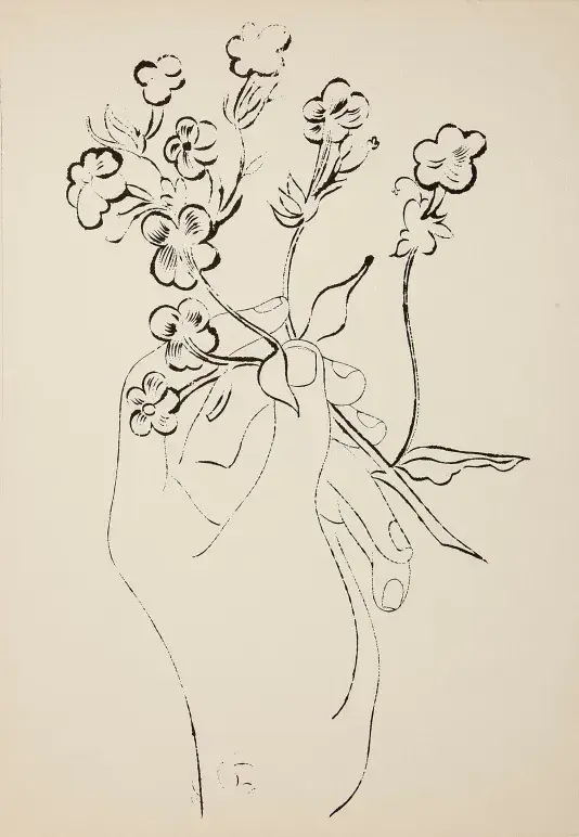 Black kine drawing of a hand holding a cut stems with a cluster of flowers.