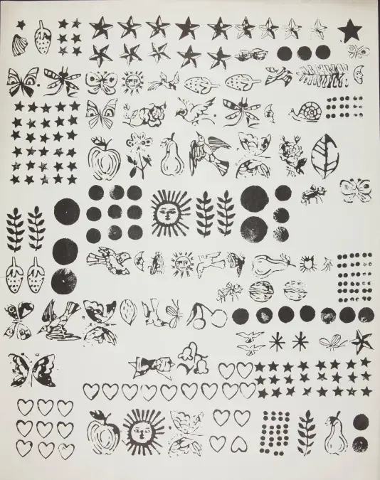 Black and white print on paper of a design for wrapping paper includes stamped stars, swooping birds, flitting butterflies, and other organic elements.