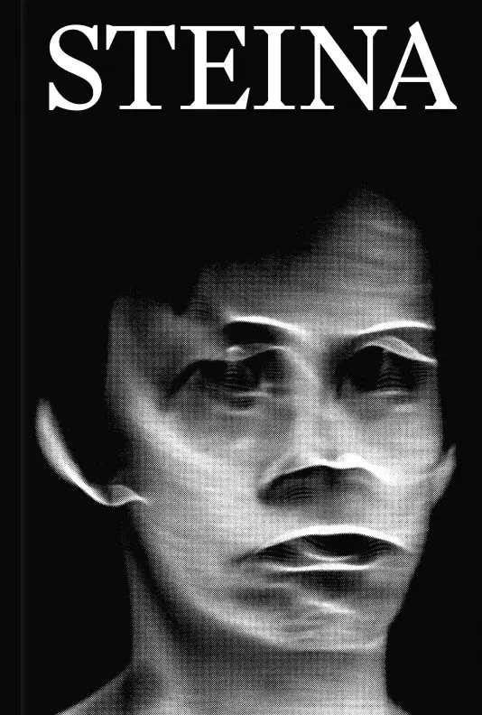 Steina exhibition catalogue cover that depicts a black and white image of Steina's face from the neck up. The title in white text at the top center reads &quot;STEINA&quot;