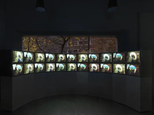 A double-stacked arc of boxy video monitors sits on a pedestal in a darkened‬ ‭ gallery; there are 22 in all. The monitors show similar but not identical images: in each,‬ ‭ a central mirrored orb reflects and distorts the surrounding environment, which includes‬ ‭ a stone wall and blue sky. Behind the video installation is a large window, through which‬ ‭ trees and another building can be seen.‬