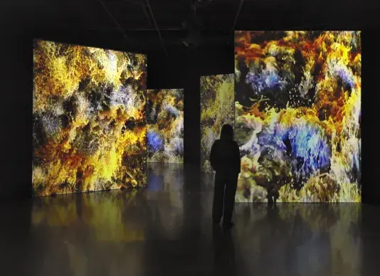 Four large vertically oriented video screens fill a dark gallery space. Each of‬ ‭ them shows a close-up image of water, captured in a state of frozen turbulence and in‬ ‭saturated shades of blue and yellow. In the foreground, a person in the gallery is‬ ‭silhouetted against the video projections.‬ ‭