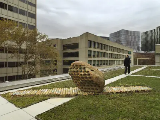 A large rock sculpture rests on a long strip of stone cylinders in a‬ ‭greenspace. The rock has a series of holes removed from its core, with the‬‭ cylinders that were removed making up the strip it rests on. A pathway and a woman dressed in all black walking toward the sculpture reside in the background. There are building tops surrounding the open space.