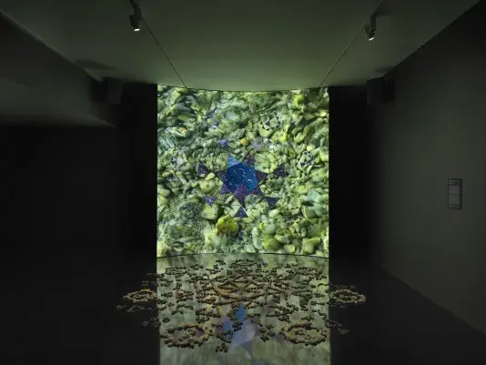 A dark gallery space features a large screen displaying a six-sided star at its‬ ‭ center. Within the star, video footage of stars and the night sky is projected.‬ ‭ Surrounding the star, six inward-facing triangles form a pattern, with green stones‬ ‭ appearing submerged underwater. In front of the screen, a formation of stones rests ‭on the reflective black floor.