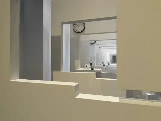 A series of white walls with a window cutout that has a view of the next white wall with a window cutout. There is a cup with office supplies on the window ledge of each wall.