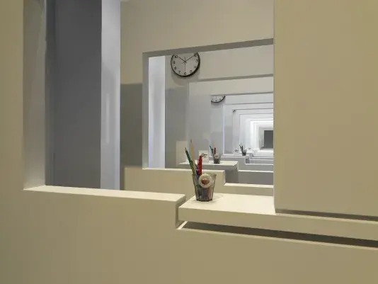 A series of white walls with a window cutout that has a view of the next white wall with a window cutout. There is a cup with office supplies on the window ledge of each wall.