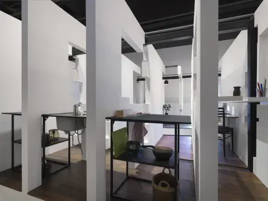 A series of fragmented white walls divides a living space with wooden floors, furniture, and house plants throughout. Each section of wall is connected by black beams. A kitchen sink is visible in the foreground and a cup of pens is partially in frame on the right hand side.