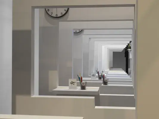 A series of white walls with a window cutout that has a view of the next white wall with a window cutout. There is a cup with office supplies on the window ledge of each wall.