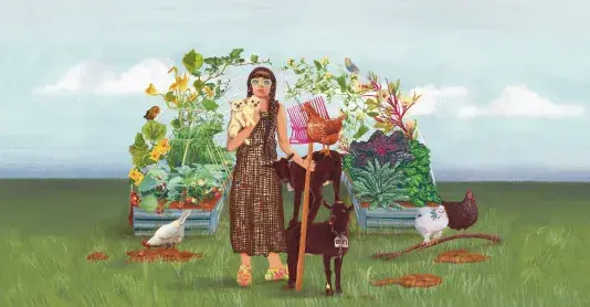 A rendering of a woman standing with a rake and two small dogs in front of flourishing garden of fruits and vegetables. She is surrounded by chickens, cows, and birds all situated within a flat green landscape.