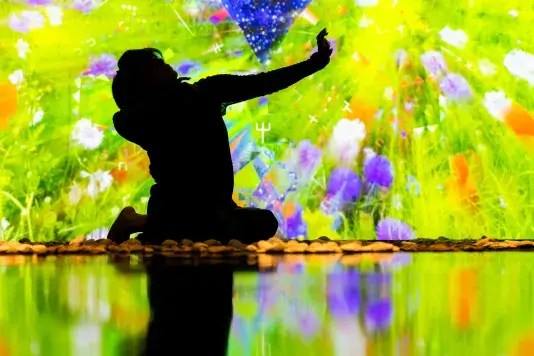 Still of a performance showcasing the silhouette of a woman on stage with her arms out to the left side. A brightly colored geometric pattern in the background is reflected on a mirrored floor.