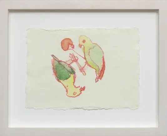 Watercolor painting on white paper of two brightly colored red, yellow and green parrots. They are standing on the same stick, one is facing up and one is upside down creating a circle shape.