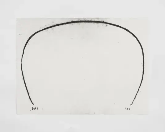 A curved black line drawn on creamy white paper. Text reads &quot;DAY ALL&quot;