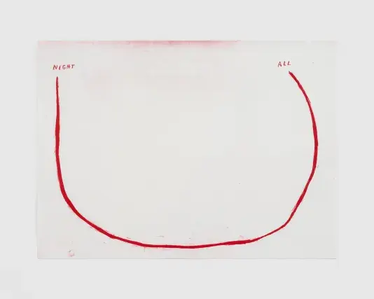 Red curve in a U shape drawn on creamy white paper. Text reads &quot;NIGHT ALL&quot;