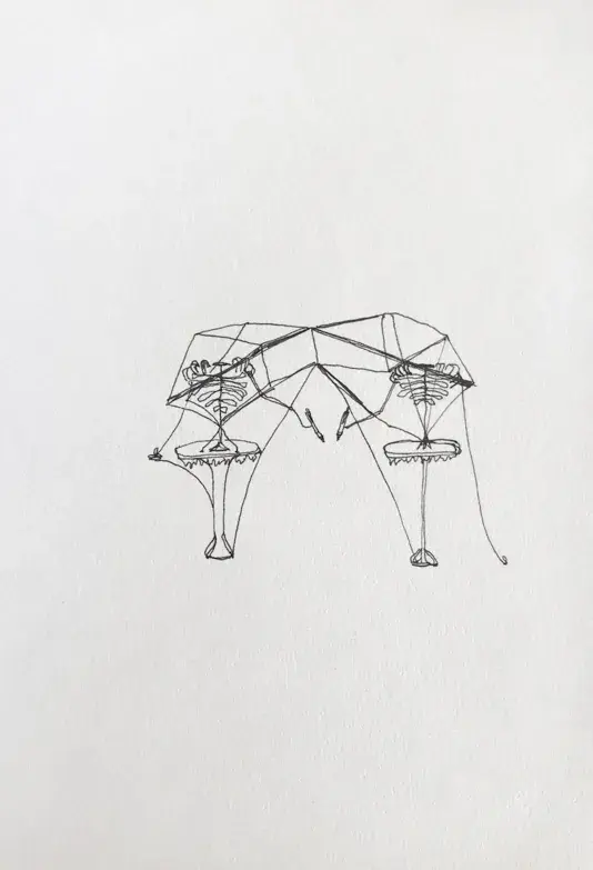 Line ink draw drawing on white paper of two skeleton-like torsos on tables with arms reaching out. The arms closest to one another hold pens.