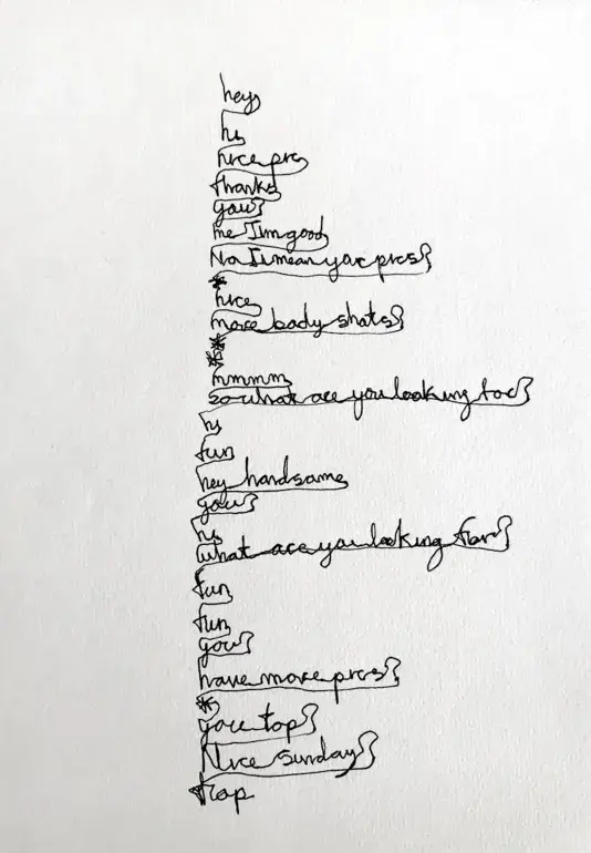 Ink on paper of cursive text that is written without taking pen off the paper.