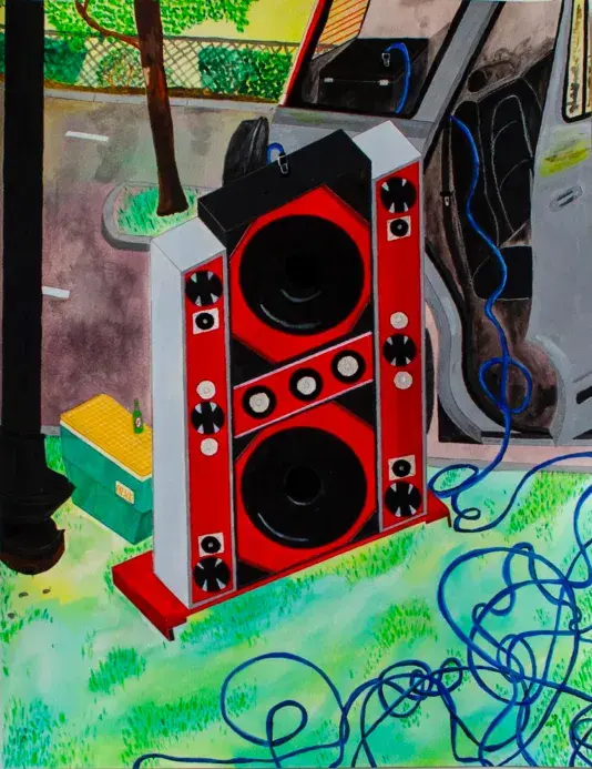 Painting of a red speaker on a patch of green grass with a blue cord plugged into a gray car behind.