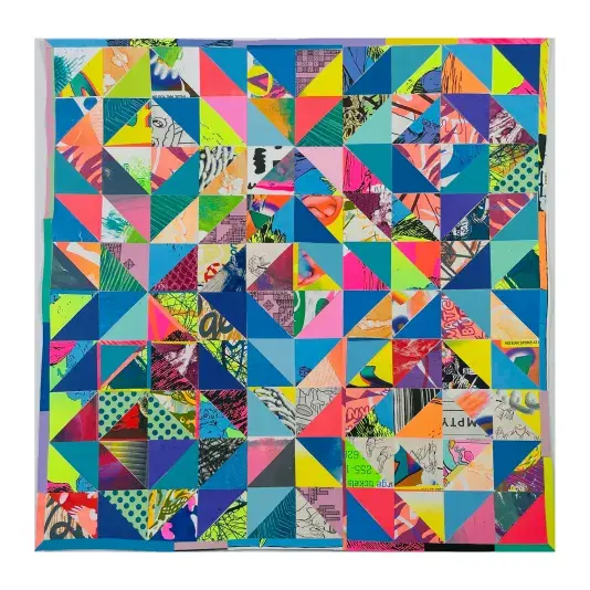 A square quilted pattern made up of many brightly multi-colored triangle shapes.