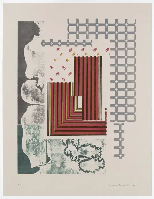 Two red and black striped rectangular shapes fitted together with gray fence-like pattern surround in the top right corner and a teal and gray organic form in the bottom left corner.