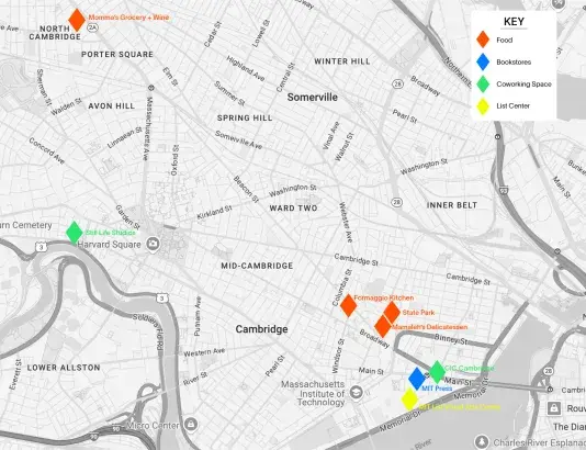 Cambridge map in black and white with colorful diamond shapes in red, blue, yellow and green highlighting neighborhood partnerships. A white box is visible on the top right corner. Text reads &quot;KEY Food Bookstores Coworking Space List Center&quot;