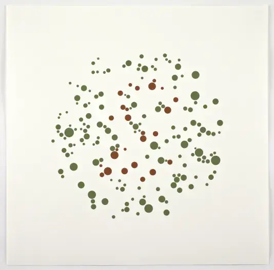 White background with varying green and red dots in a circle shape