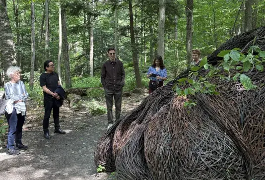 A group of people standing around a large tree root sculpture in a green forest.