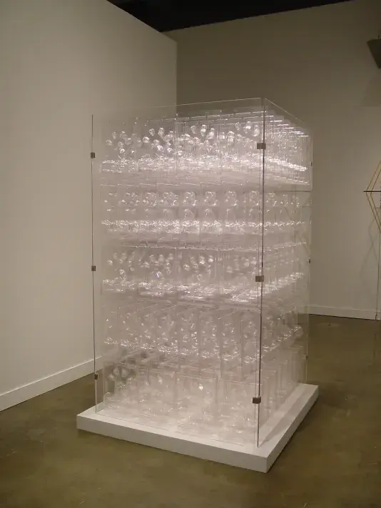 Plastic forms fill tall plexiglass box on a white platform in gallery space