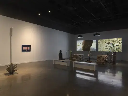 Inside a dimly lit gallery space, a long figure sits on a bench watching two projections sitting behind a rocket test installation containing sandbags and canisters. In the foreground to the left is a metal sign inside an agave plant and a blue frame with pink paper mounted.