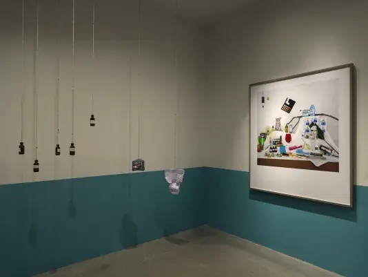 A dimly lit white walled gallery with the bottom half of the wall painted turquoise. A collection of everyday items hanging from strings throughout the space and a large black framed color photograph hangs on the right wall.