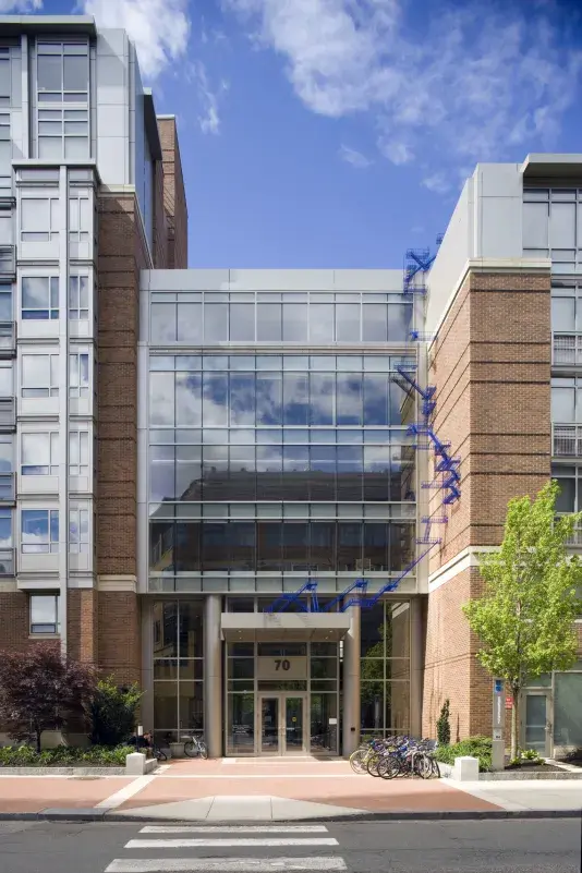 Brick wall with bright blue poles resembling a fire escape staircase is visible on the facade of a brick building with large windows.