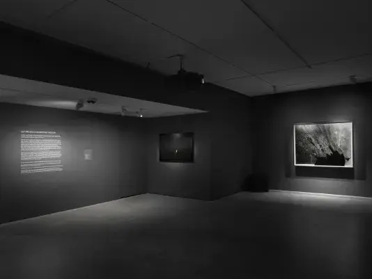 A dimly lit room with dark walls featuring two artworks. The left wall shows text in white. The right wall displays a large, abstract, black-and-white photograph.