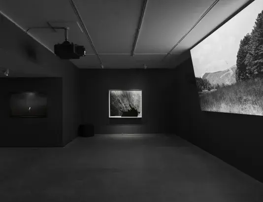 A dimly lit art gallery with three artworks on view. Two black-and-white photographs hang on the back wall, while a black-and-white video piece is projected onto a screen on the right wall.