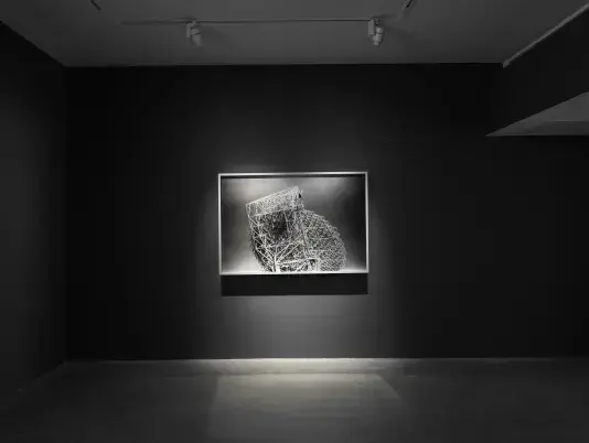 A black-and-white photograph hangs in a dimly lit gallery with dark walls. The photograph depicts an intricate, scaffolding-like towering structure.