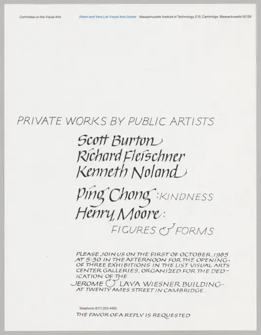 Invitation cover with black text on a white background. Text reads "PRIVATE WORKS BY PUBLIC ARTISTS SCOTT BURTON, RICHARD FLEISCHNER, KENNETH NOLAND, PING CHONG: Kindness, HENRY MOORE: Figures &amp; Forms"