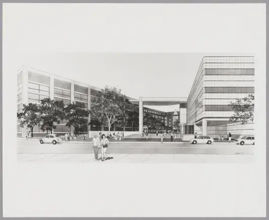 Black and white rendering of a city street with a large white border. There are two people crossing the street in front of a striped building with a extended awning over the walking pathway.
