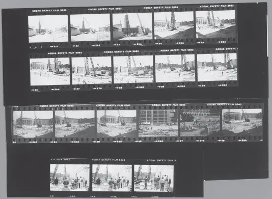 Black and white contact sheet with four rows of images of a construction site.