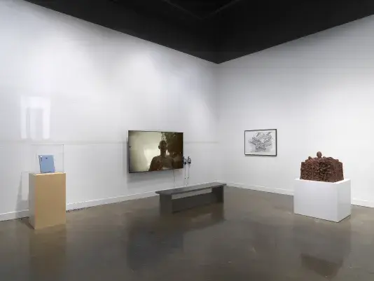 A group of artworks—including a flatscreen monitor, a wooden sculpture, a grayscale drawing, and a blue booklet encased on top of a wooden pedestal—occupy a corner of a gallery. One of the walls is marked by faint, gently sloping horizontal lines.