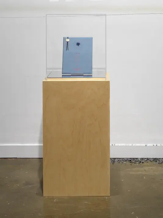 A blue volume—its cover marked by a wax seal and an abstract design made of a few circles and lines—is encased in glass atop a wooden pedestal in a gallery.