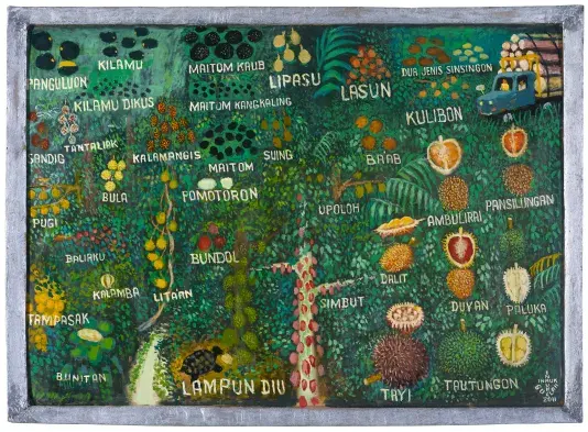 A vibrant painting that depicts numerous tropical fruits and plants amidst dense green foliage. Many fruits are accompanied by white text labels, and a small blue truck is visible in the upper right corner.